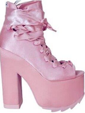 BALLET BAE - YRU (DOLLSKILL) Satin Pink Ribbon Lace-Up Platform Heels sz 5.5-6
